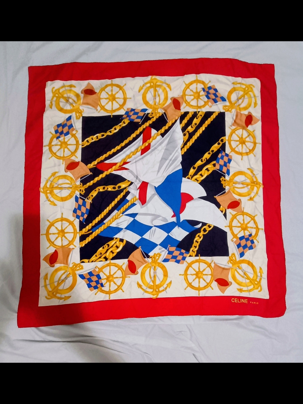 Celine Red, Navy, White & Gold Nautical Silk Scarf